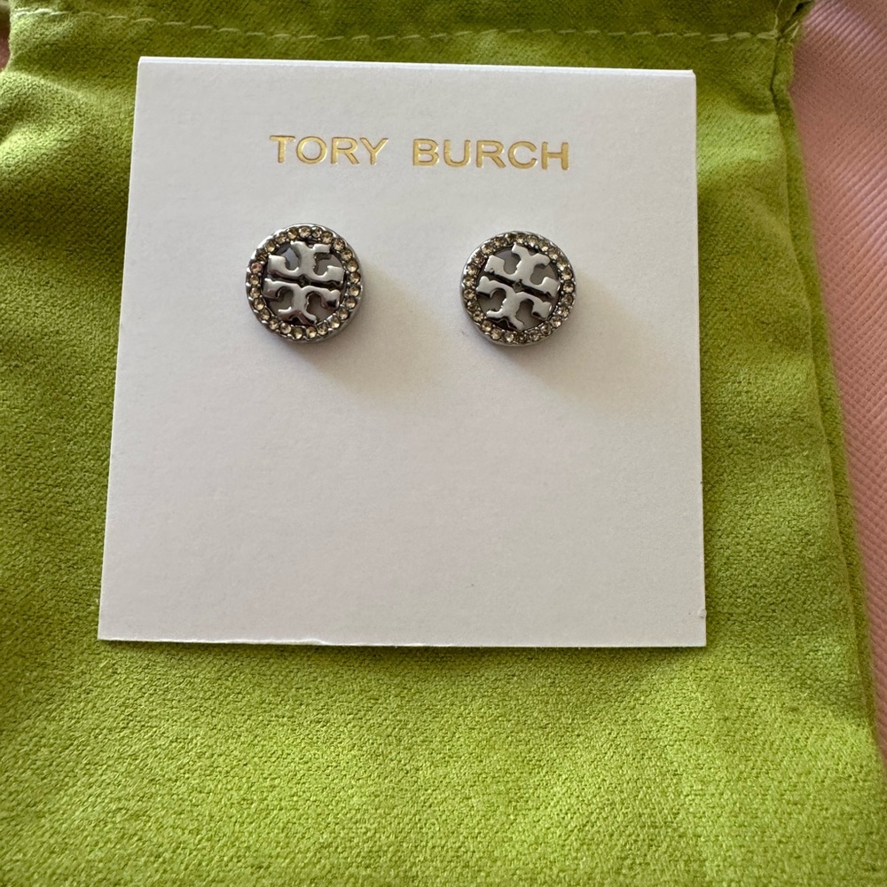 Tory Burch Silver-Tone Logo Stud Earrings